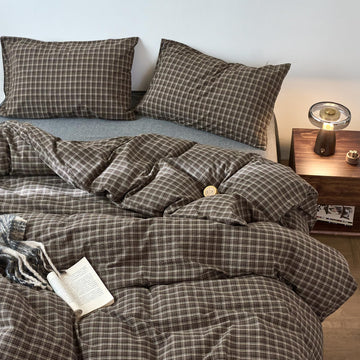 Vintage Buffalo Plaid Duvet Cover Set, 3 Piece Washed Cotton Brown Gingham Duvet Cover with 2 Pillowcases