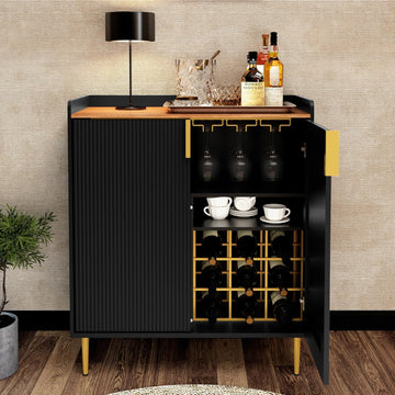 Modern Coffee Bar Cabinet with Fluted Texture, Black | Sideboard Buffet Cabinet with Wine Rack&Drawers, Liquor