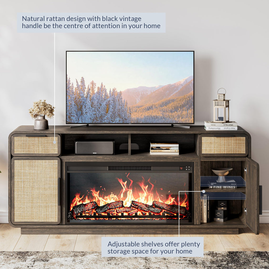 68" TV Stand for TV Up to 75", Boho Entertainment Center with 36" Electric Fireplace Heater with Sound, Rattan