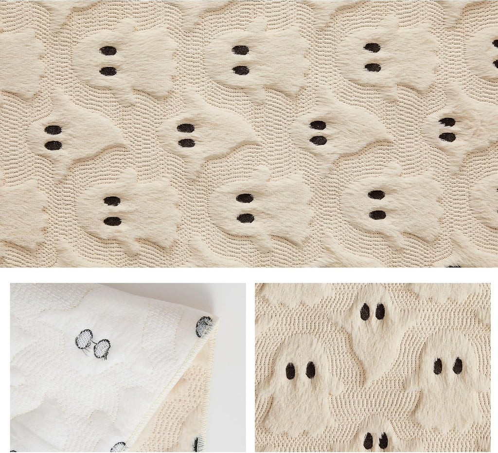 Halloween Table Runner 13x72 Inch Soft Plush Faux Fur Jacquard Beige Ghost Table Runner Holiday Kitchen Dining Table