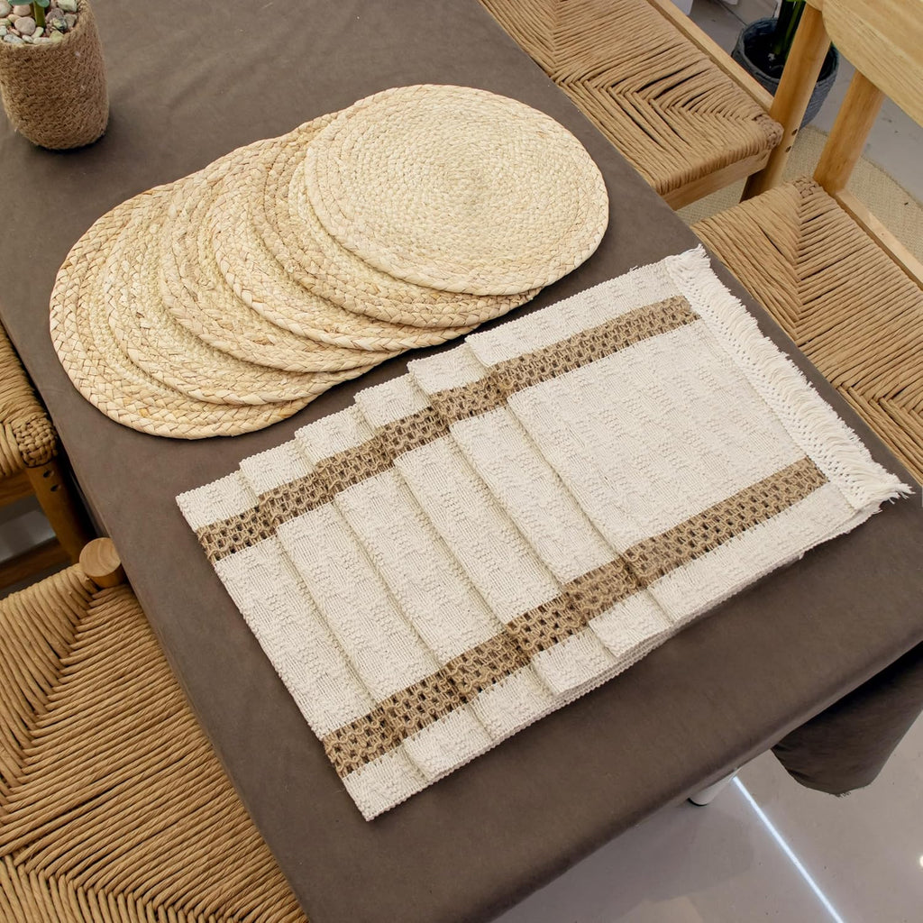 Boho Table Runner & 6-Piece Woven Placemats Set - Natural Cotton Burlap & Water Straw Combination, Bohemian Dining - Set of 6
