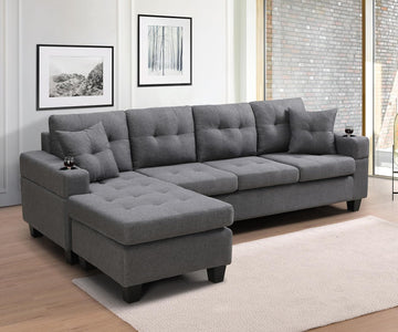 Wakefit Sectional Sofa Couch, Modern 4-Seaters Living Room Furniture Sets with Reversible Chaise Lounge & 2 Pillows |