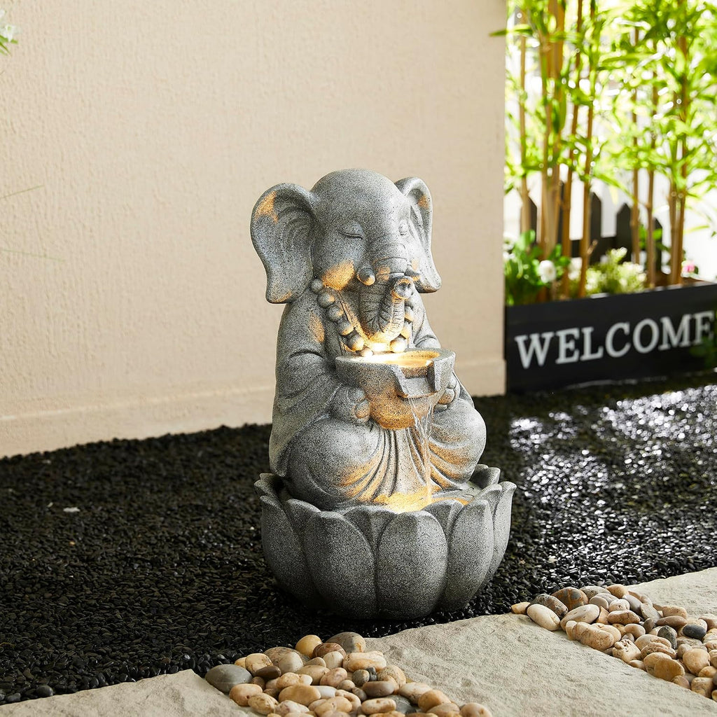 Outdoor Fountains and Waterfalls Zen-Style Concrete Resin Elephant Water Fountains with LED & Pump, Garden Patio