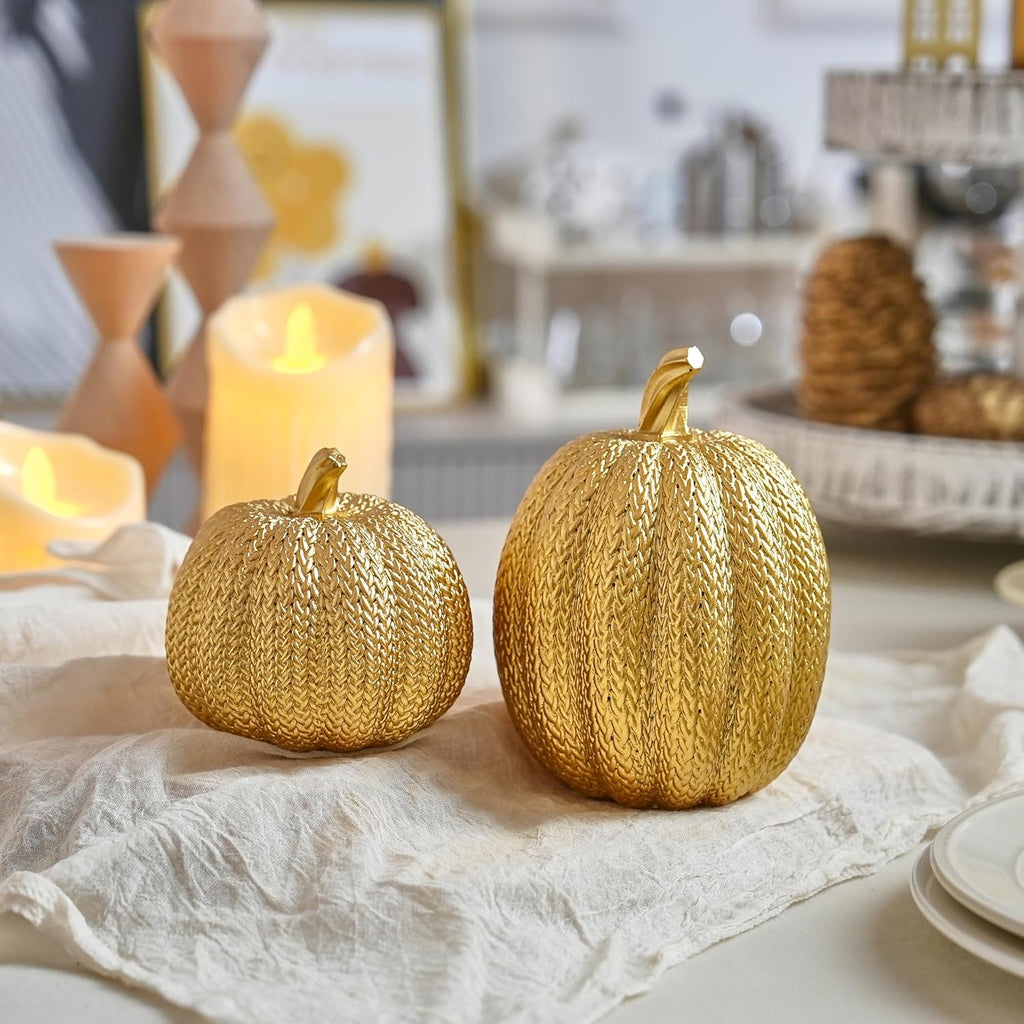 Pumpkin Fall Decor Indoor, Resin Gold Pumpkin for Decorating - Set of 2
