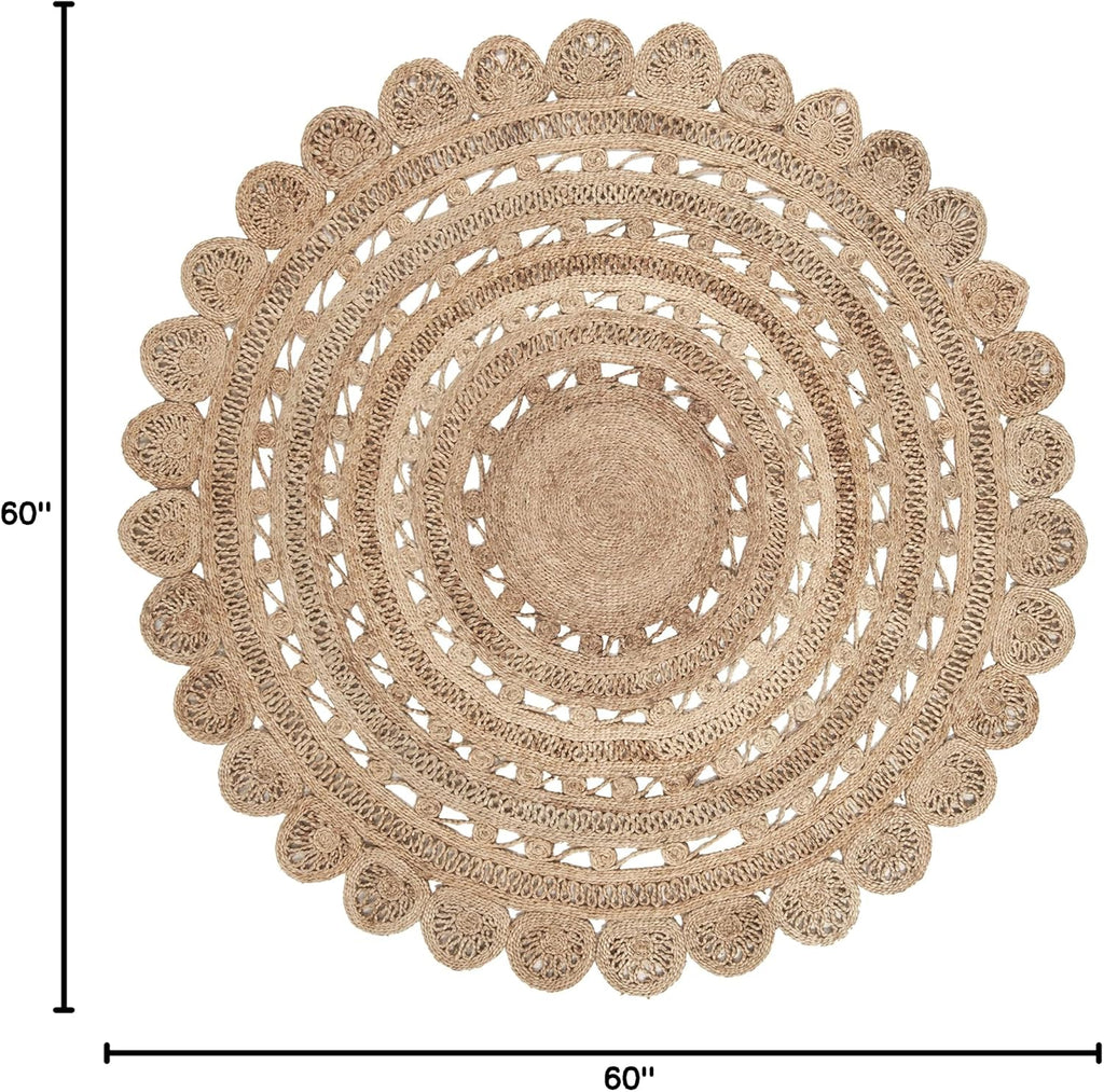 Natural Fiber Collection Area Rug - 5' Round, Natural, Handmade Boho Charm Braided Jute, Ideal for High Traffic Areas