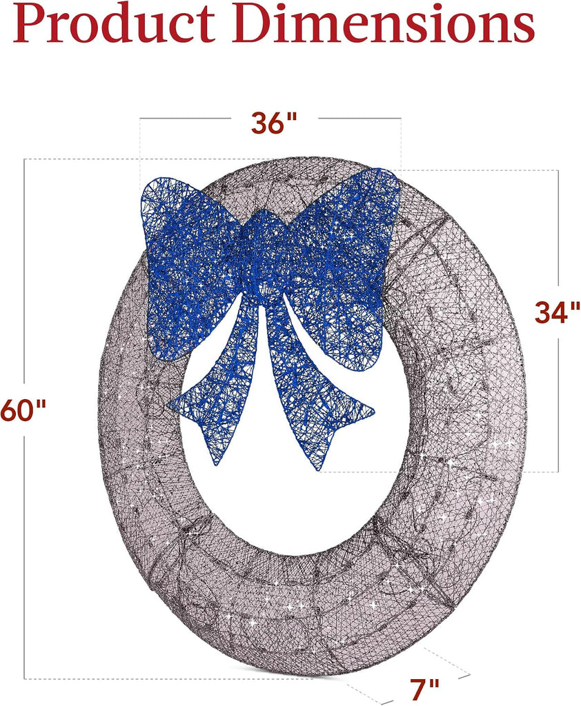 60in Pre-Lit Outdoor Christmas Wreath Decoration, LED Metal Holiday Decor Exterior, Garden w/ 206 Lights, Bow