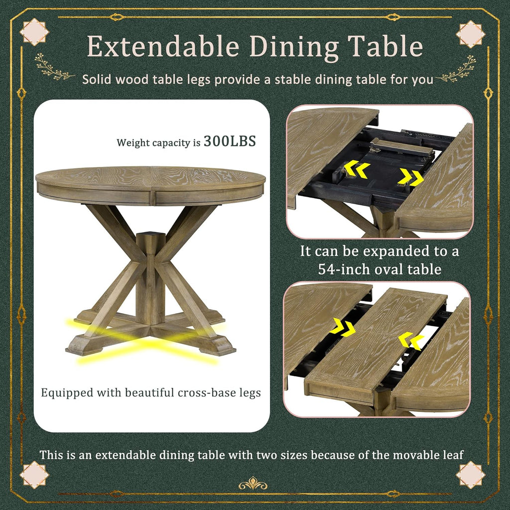 Extendable Round Dining Table for 4-8, Farmhouse 42"-54'' Expandable Kitchen Table with Removable Leaf and Pedestal