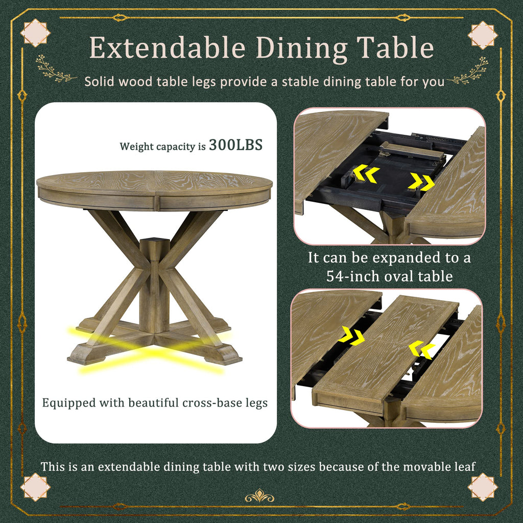 Extendable Dining Table for 4-6 People 54" Round Oval Kitchen Dining Room Modern Wood with Drop Leaf Mid Century