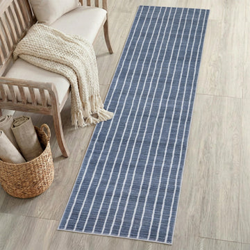Washable Orton Distressed Ticking Stripe 2' x 8' Machine-Washable Polyester Runner Rug, Navy and Cream, Farmhouse