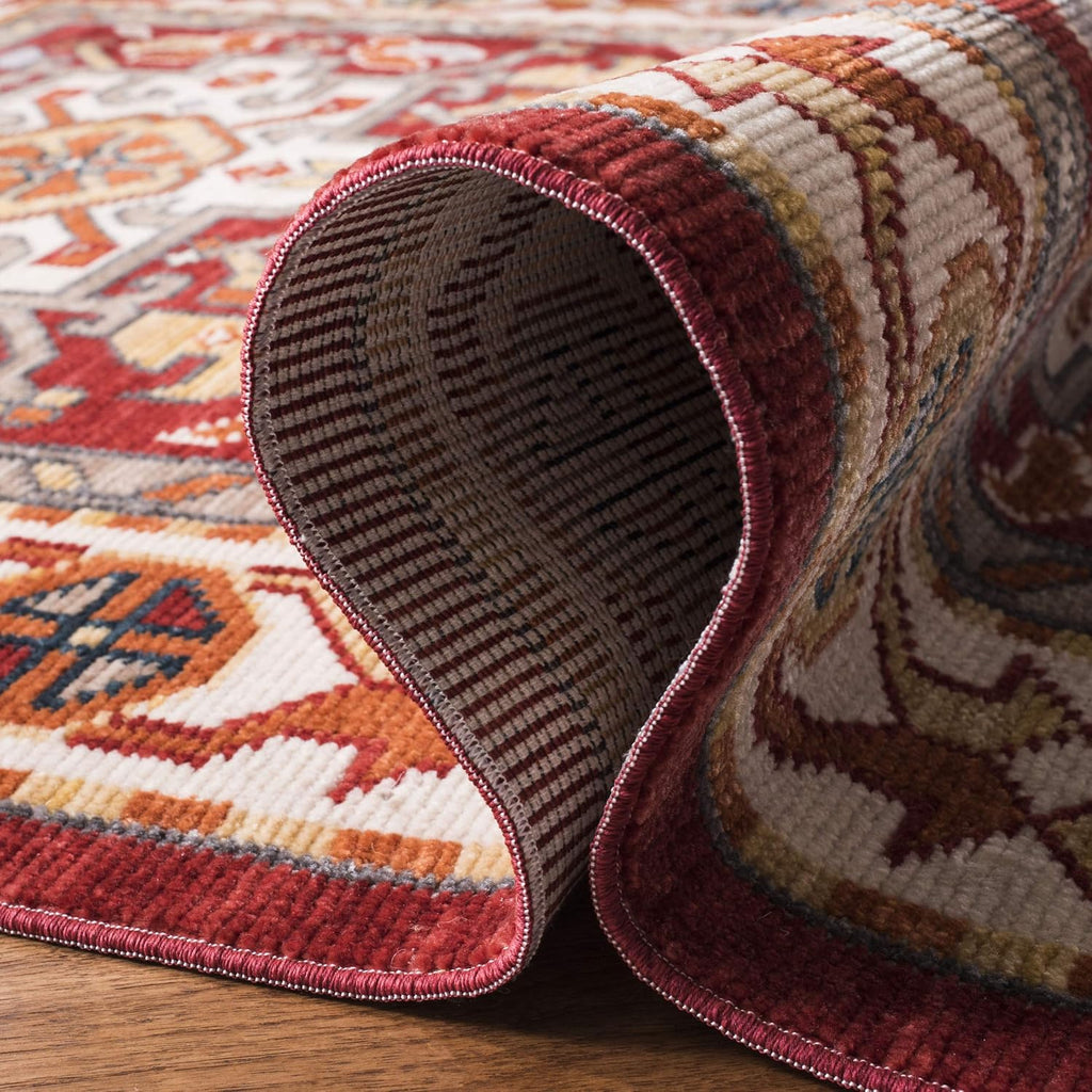Area Rug - Farmhouse Collection - Large - Ivory & Red, Oriental Tribal Tassel Design, Non-Shedding & Easy