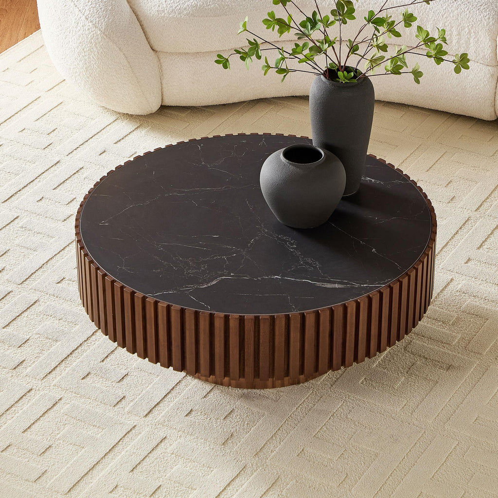 35.43" Round Coffee Table, Wood Fluted Center Table with Sintered Stone Tabletop, Accent Tea Table, Small Space