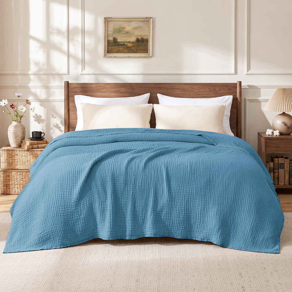 100% Cotton Muslin Blanket Large Throw for Couch, Misty Blue
