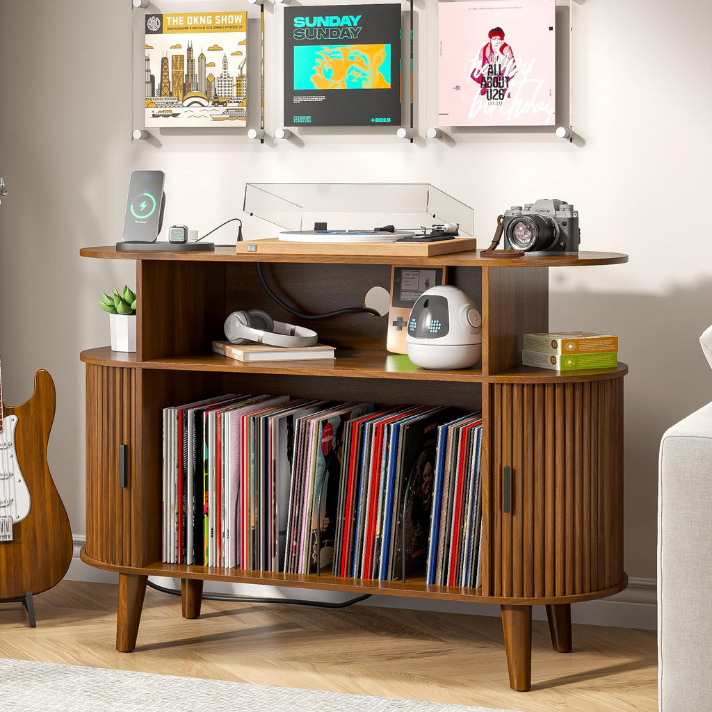 Large Round Record Player Stand with Charging Station & USB Ports (Brown)