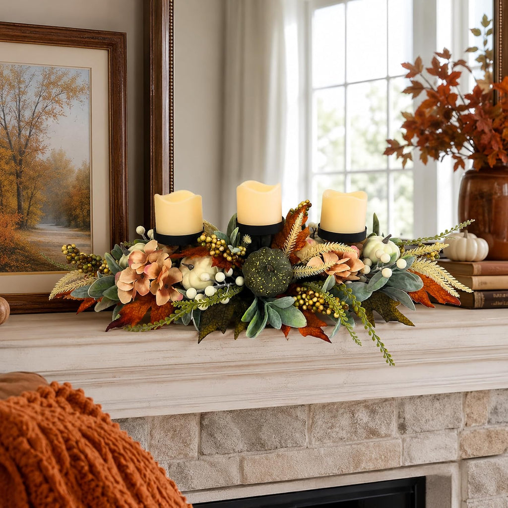 25 Inch Fall Candle Holder Centerpiece with Colorful Pumpkins