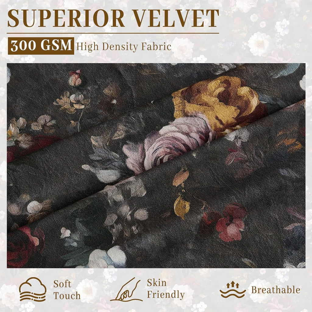 Floral Velvet Curtains 96 inches Long, Retro Blossom Printed Drapes with Energy Saving Luxury Decorative Floor to