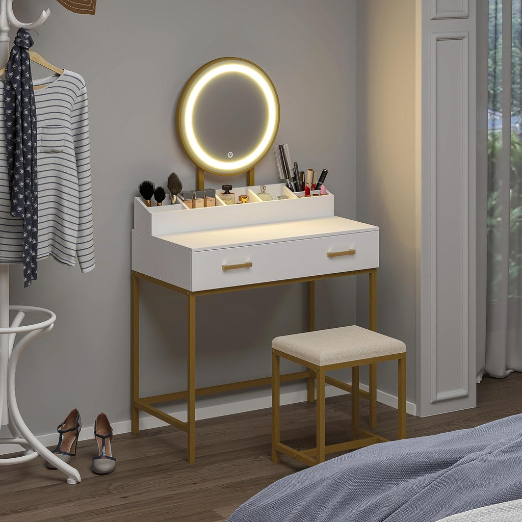 Makeup Vanity Desk with Mirror and Lights, Makeup Vanity Set with Drawers, Small Dressing Up Table, 3 Lighting Modes