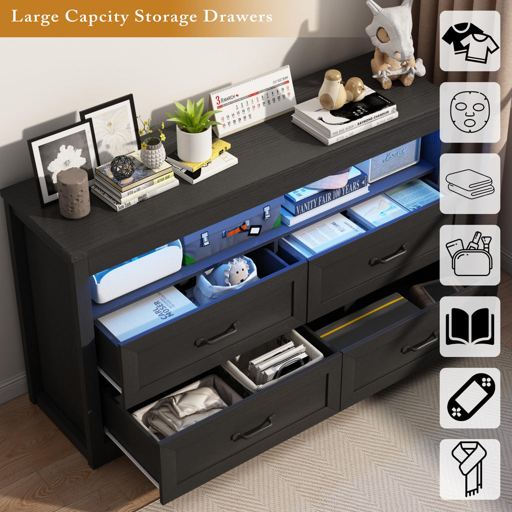 Black Dresser, Wood 4 Drawer Dresser with LED Light, Dressers & Chests of Drawers with Metal Handles, Storage and