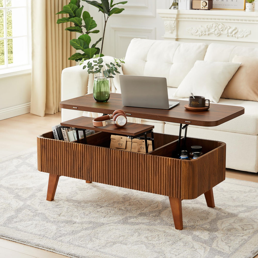 3 in 1 Lift Top Coffee Table, Fluted Convertible Coffee Tables Converts to Dining Tables, Modern Oval Wooden Center