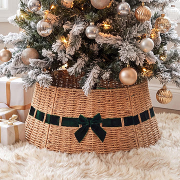 Wicker Christmas Tree Collar with Green Velvet Bow 23.6 Inch