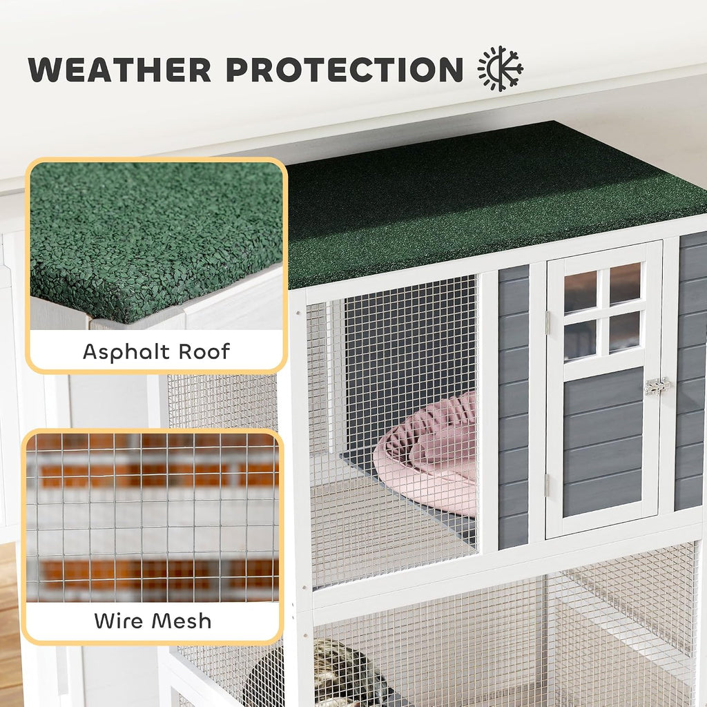74" Wooden Catio Outdoor Cat Enclosure Weatherproof & Wheeled, Outside Cat House with High Weight Capacity, Kitten