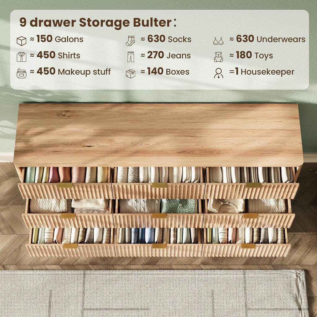 63'' Wide 9 Drawers Dresser ,Modern Fluted Vertical Chest with Rounded Corners,Fluted Dresser , Natural Wood