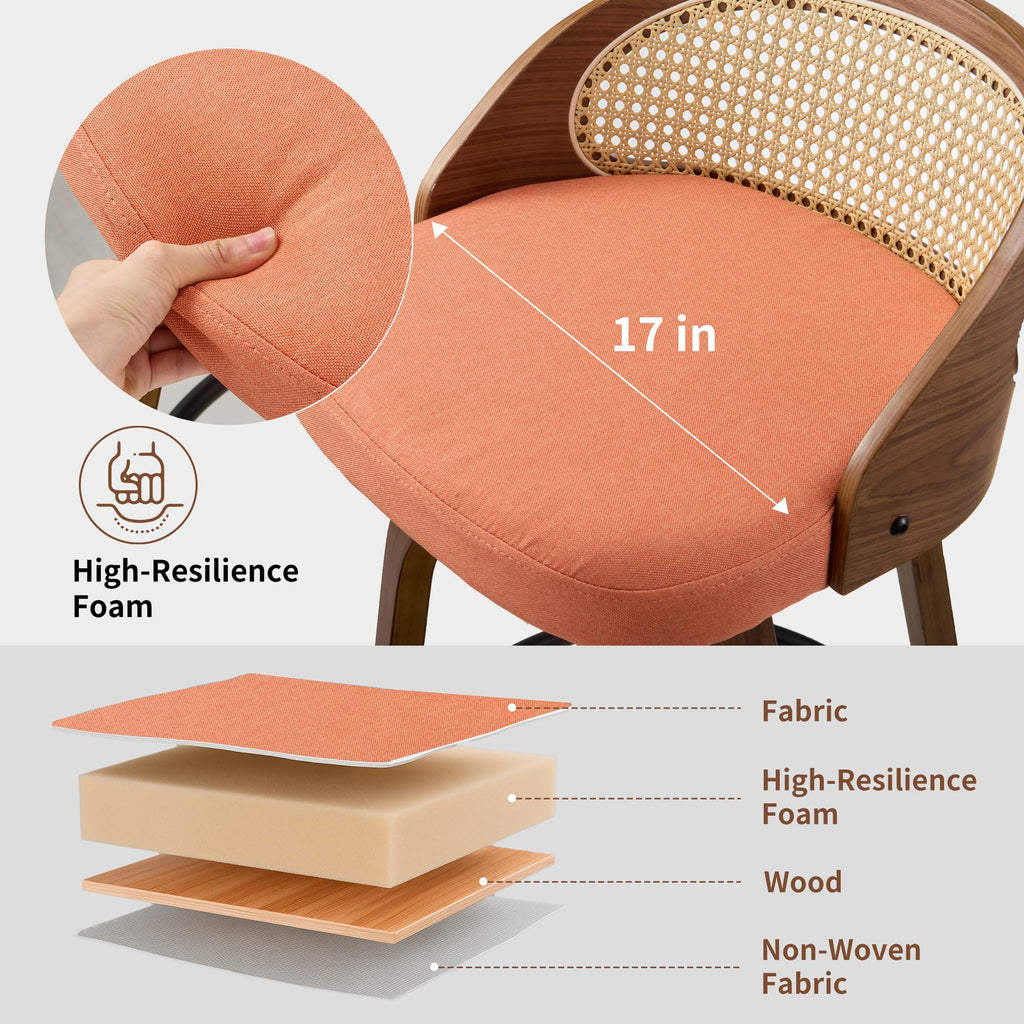 26" Swivel Counter Height Bar Stools Set of 2, Rattan Back, Orange Fabric