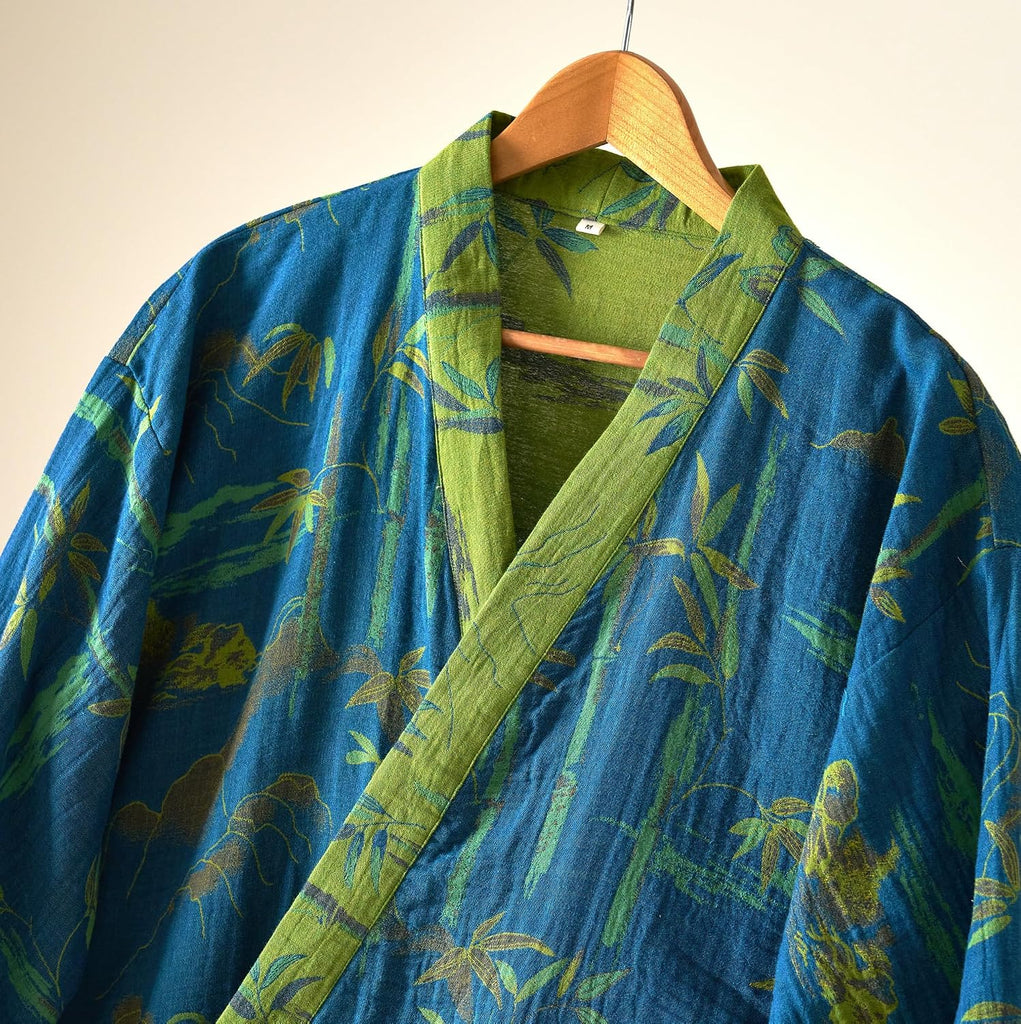 100% Cotton Gauze Ginkgo Leaf Kimono Robe, Long Knit Loose Loungewear Bathrobe Nightgown Ladies Sleepwear for Women
