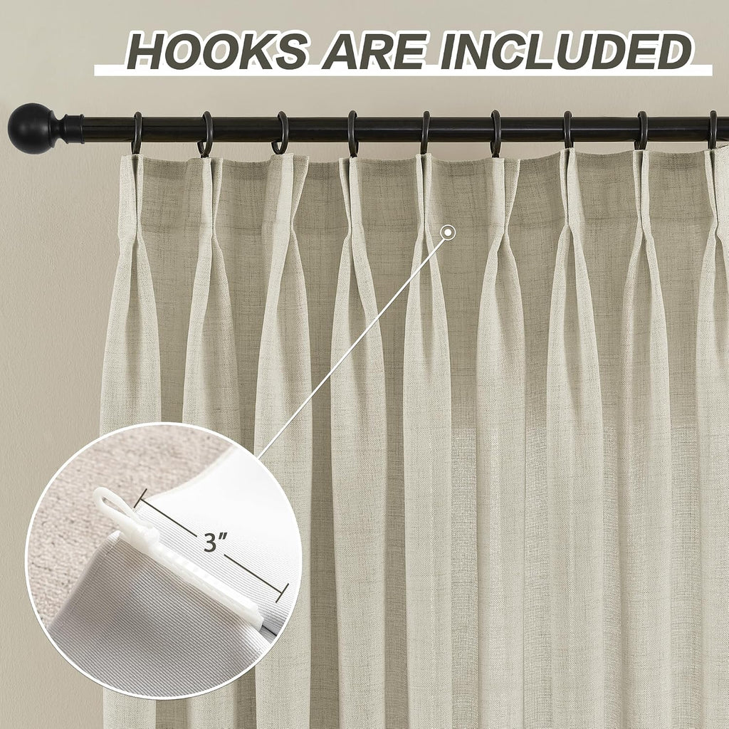 Faux Linen Pinch Pleated Curtain, Extra Long Pinch Pleat Semi Sheer Drapes with Hooks for Traverse Rod, Light