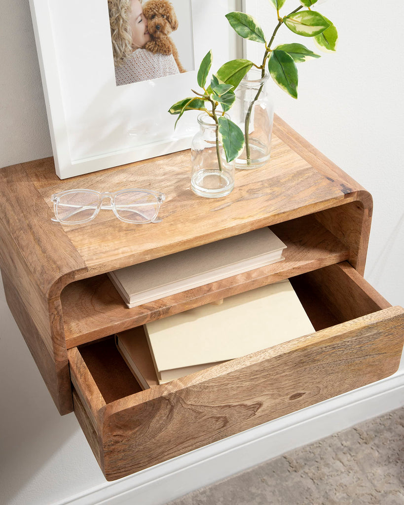 Kato Transitional Wood Floating Side Table with Drawer, 18 x 10 x 9, Natural Brown, Modern Wooden Floating Nightstand