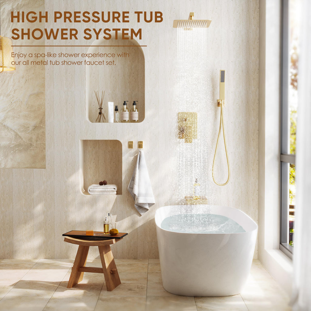 Brushed Gold Shower System with Tub Spout and 10" Rain Shower Head