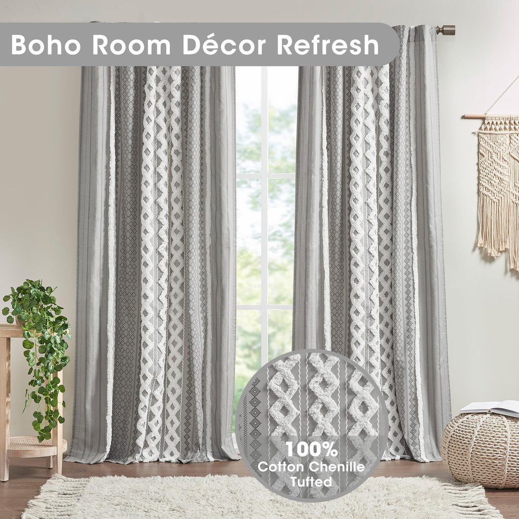 100% Cotton Boho Window Curtain, Single Panel, 50x84 Gray