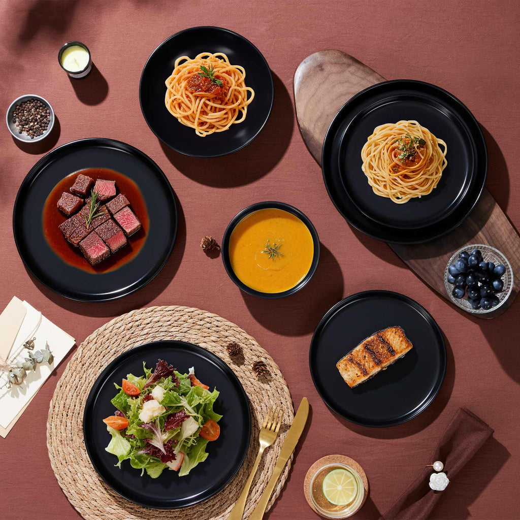16 Piece Dinnerware Sets with Double Bowls for 4, Black Onyx