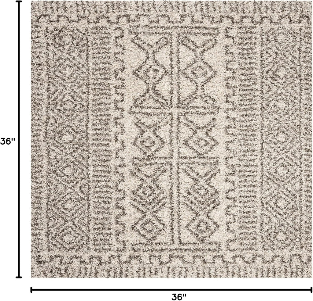 Hudson Shag Collection Area Rug - 3' Square, Ivory & Grey, Moroccan Design, Non-Shedding & Easy Care, 2-inch Thick