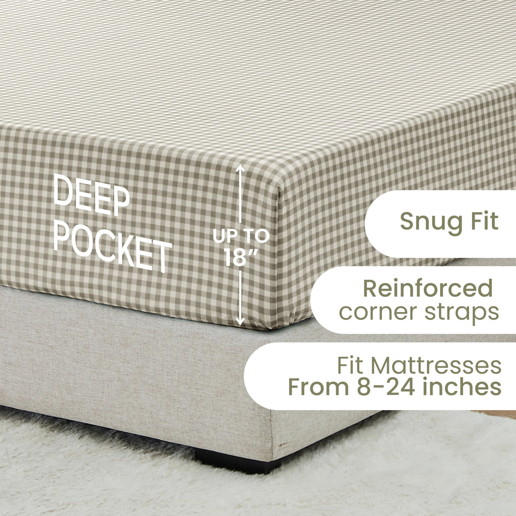 Tan Gingham Twin Size Sheet Set 3 Piece, 18" Deep Pocket