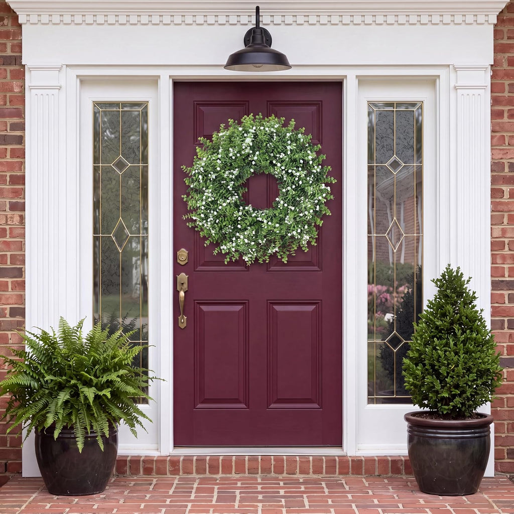 24'' Large Boxwood Wreath for Front Door Artificial Spring Summer Wreath with Baby's Breath Greenery Wreaths