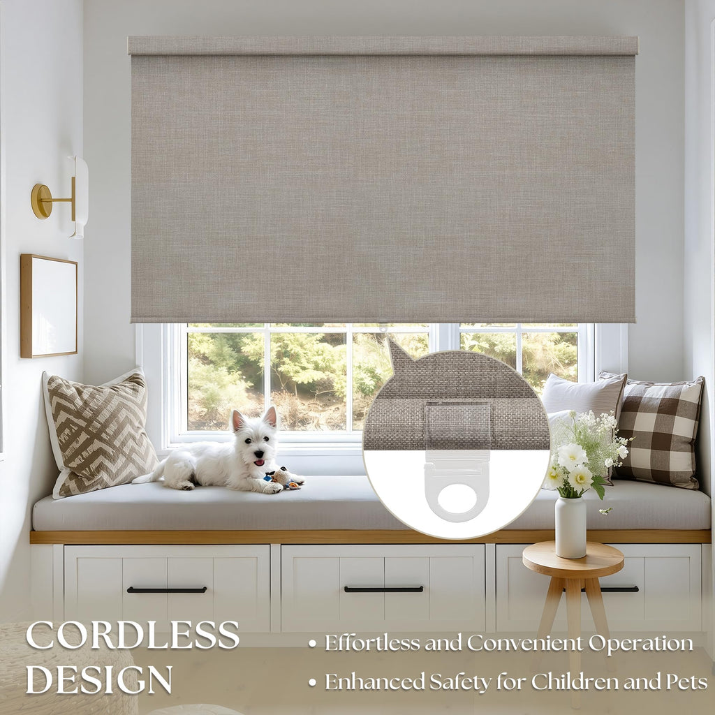 Blackout Roller Blinds for Indoor Windows Free-Stop Thermal Insulated 100% Blackout Linen Roller Shades Blinds Living