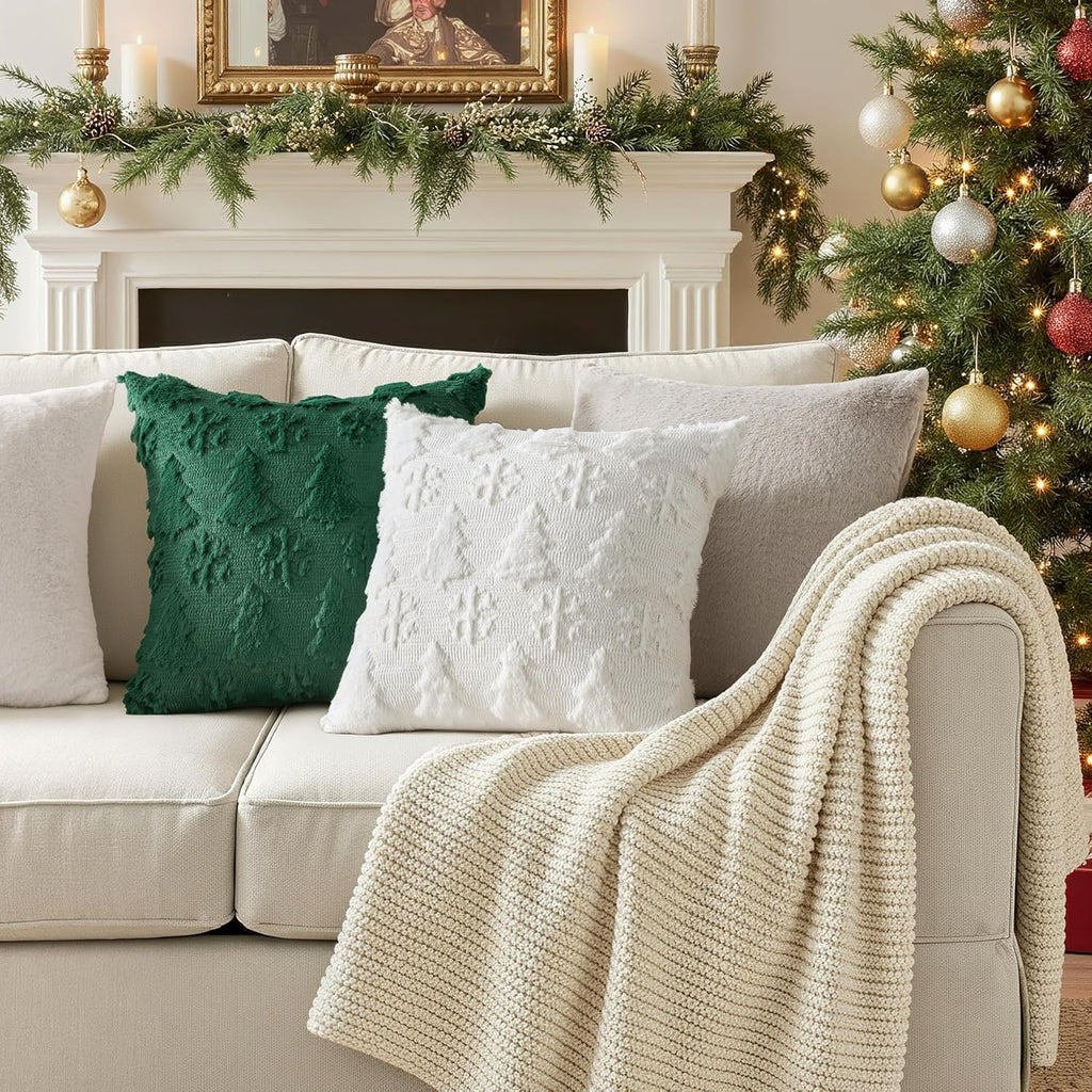 Christmas Decorations Pillow Covers 18x18 White Tree Snowflakes - Set of 2