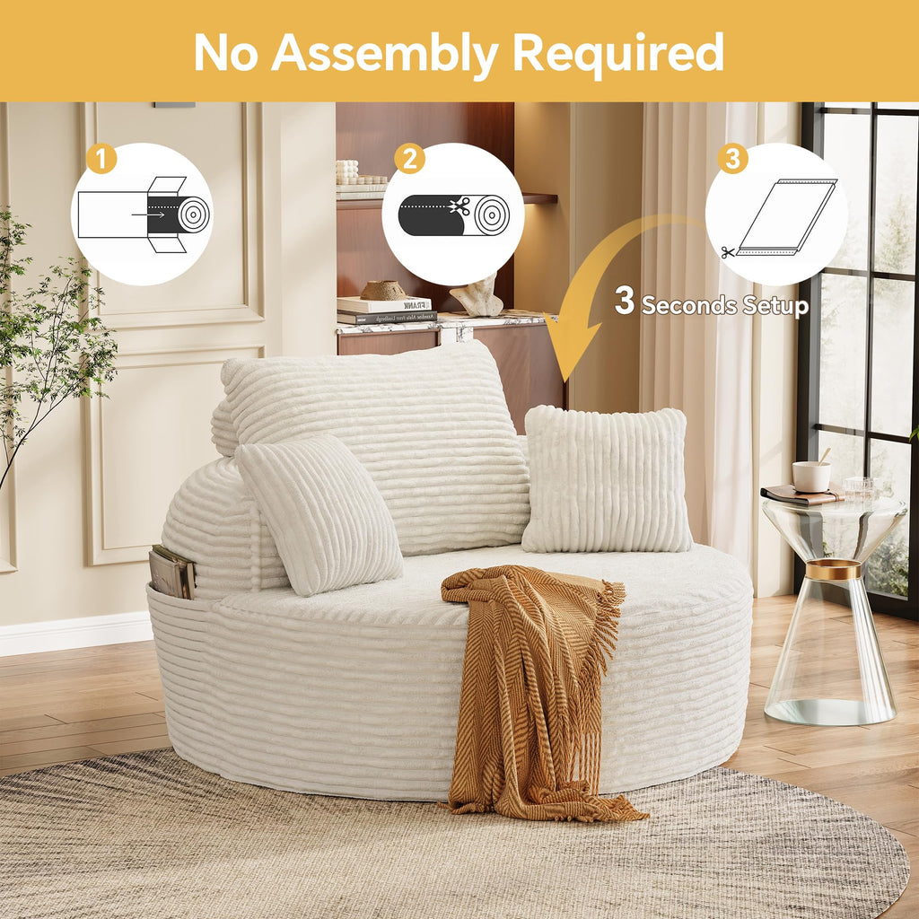 55" Oversized Round Chaise Lounge Chair, Beige White