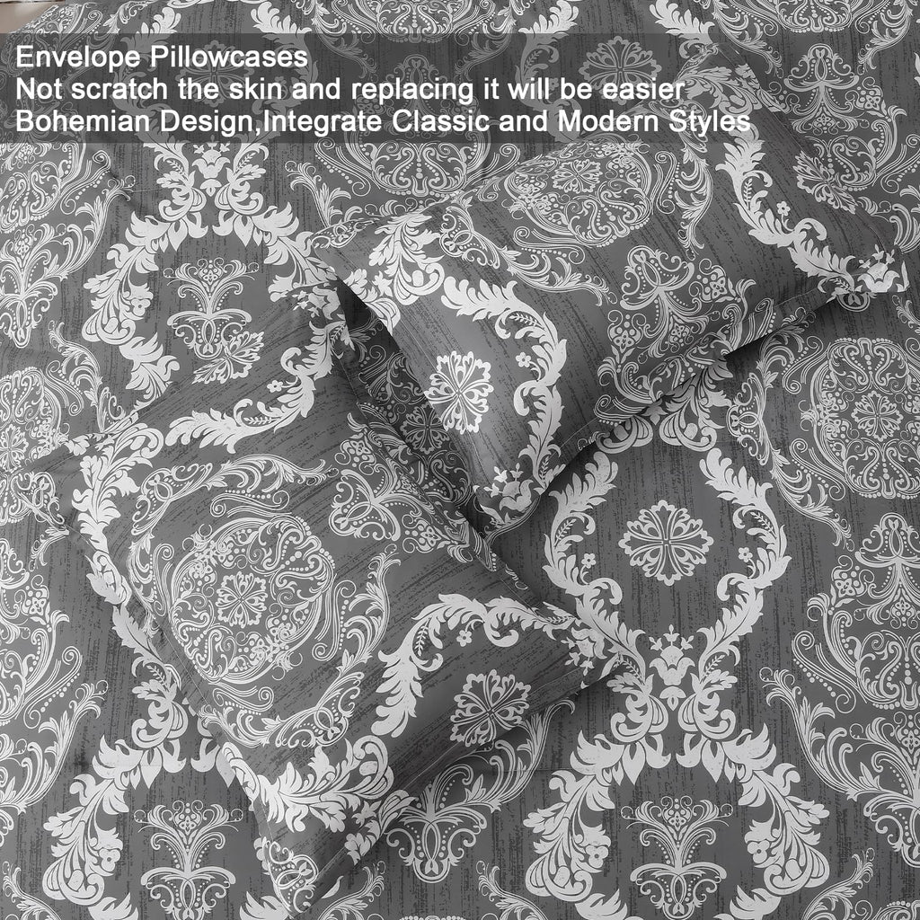 Dark Grey Comforter Set King Size, Damask Texture 7 Pieces Bed in a Bag Microfiber Comforter Bedding Sets -1