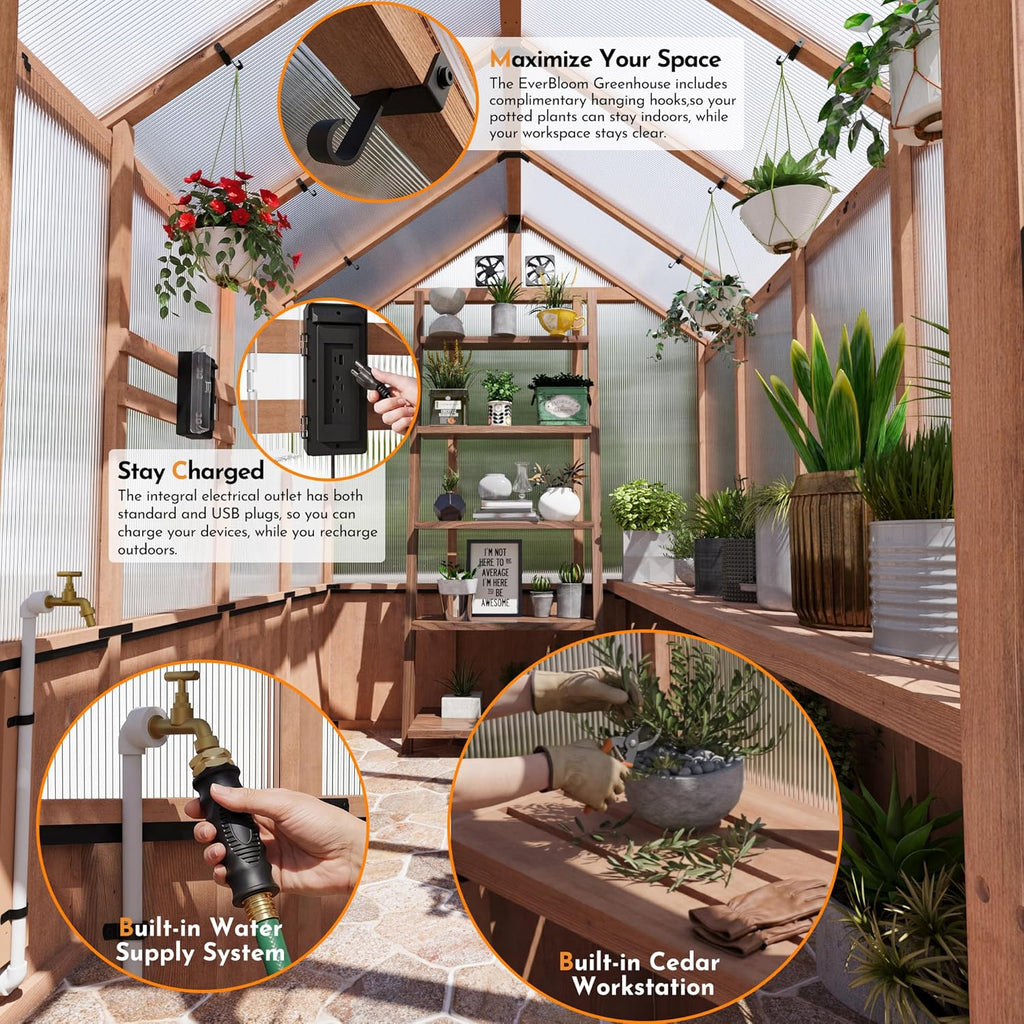 Shade EverBloom 6.5'x10' Wooden Greenhouse, 8' Extra-Tall Cedar Wood Greenhouse with Built-in Outdoor Faucet Kit