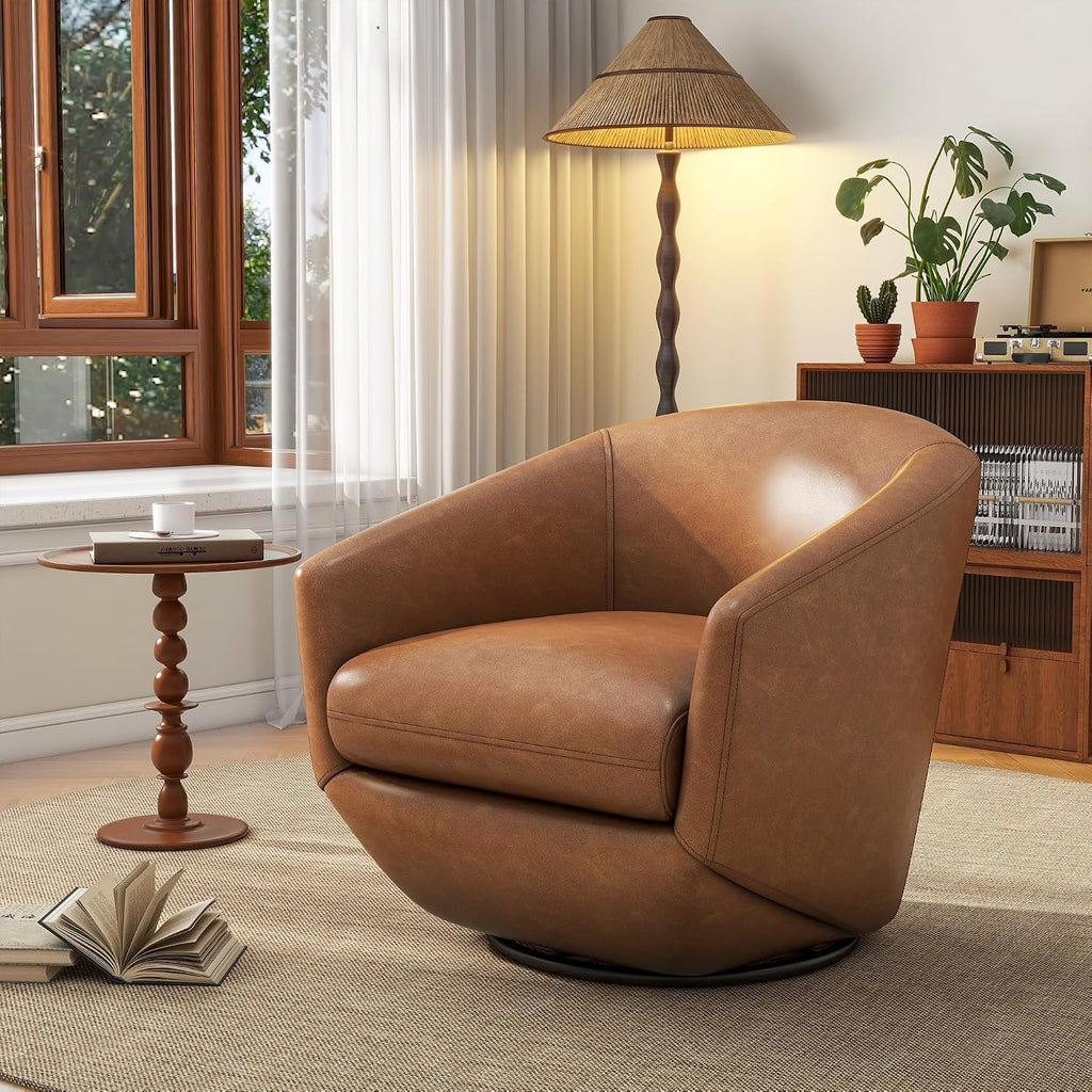 Faux Leather Swivel Accent Chair, Fully Assembled Armchair, Brown
