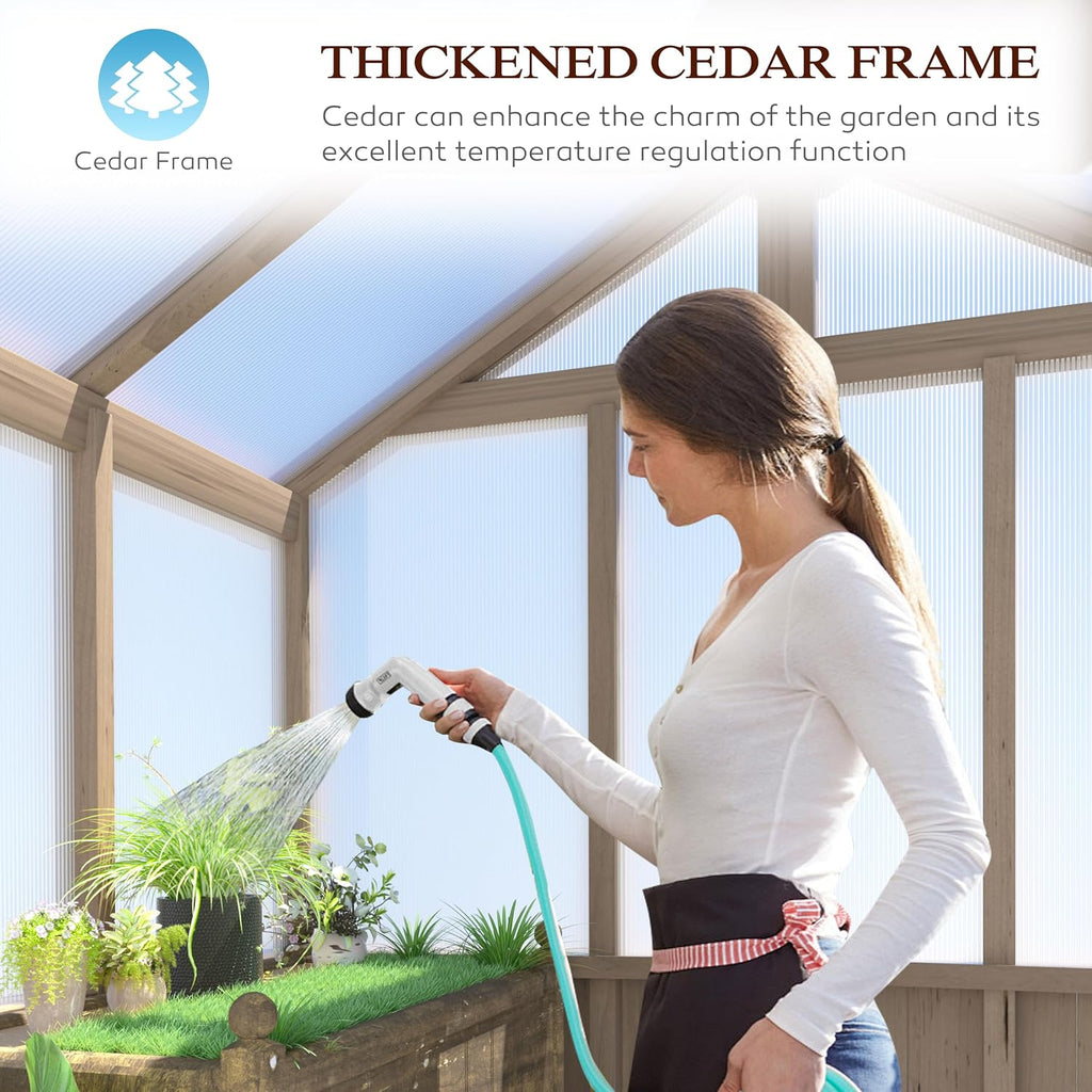 8x16FT Wood Greenhouse, Greenhouses with Cedar Frame, 6MM Thick Polycarbonate Panel, Wooden Green House with