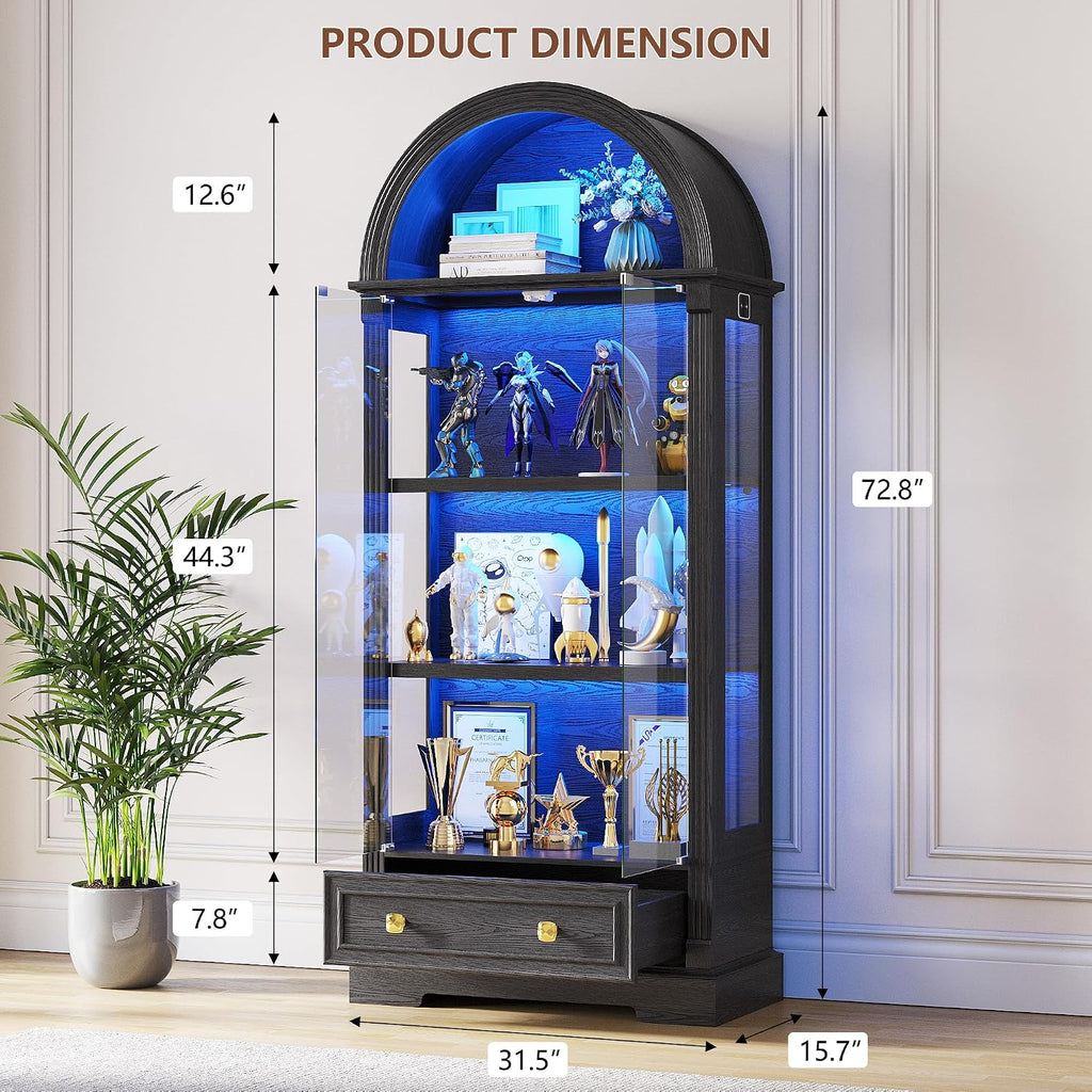 Black Curio Cabinet with Glass Doors, 72" Tall Arched Display Cabinet with Human Sensor Lights, 4-Tier Display Case