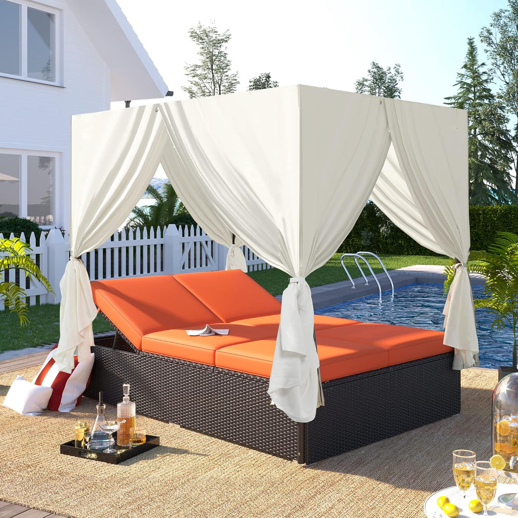 Patio Chaise Lounge, PE Rattan Outdoor Patio Wicker Sunbed Daybed with Adjustable Seats, Four-sided Canopy, Overhead