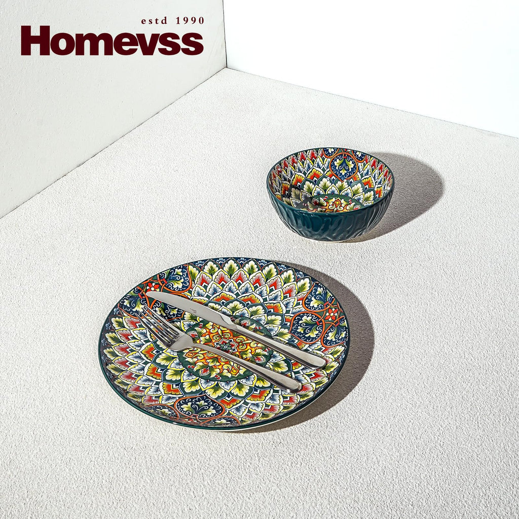Boho 10 Pieces Dinnerware Sets, Plates and Bowls Set, Porcelain Dishes Set for 2, Microwave and Dishwasher Safe