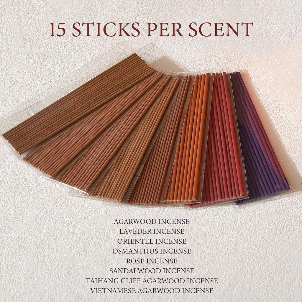 Mini Incense Sticks - Short 8-Scents Variety Set, 120 Natural Hand-Dipped Sticks (4" Long, 20-Min Burn) Clean-Burning - Set of 120