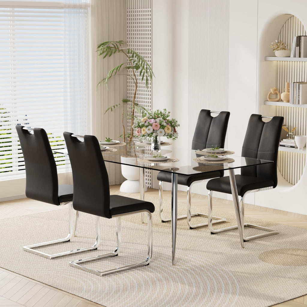 Modern Dining Chairs Set of 4 PU Faux Leather High Back Upholstered Chairs with Silver Metal Legs Dining Room, Black