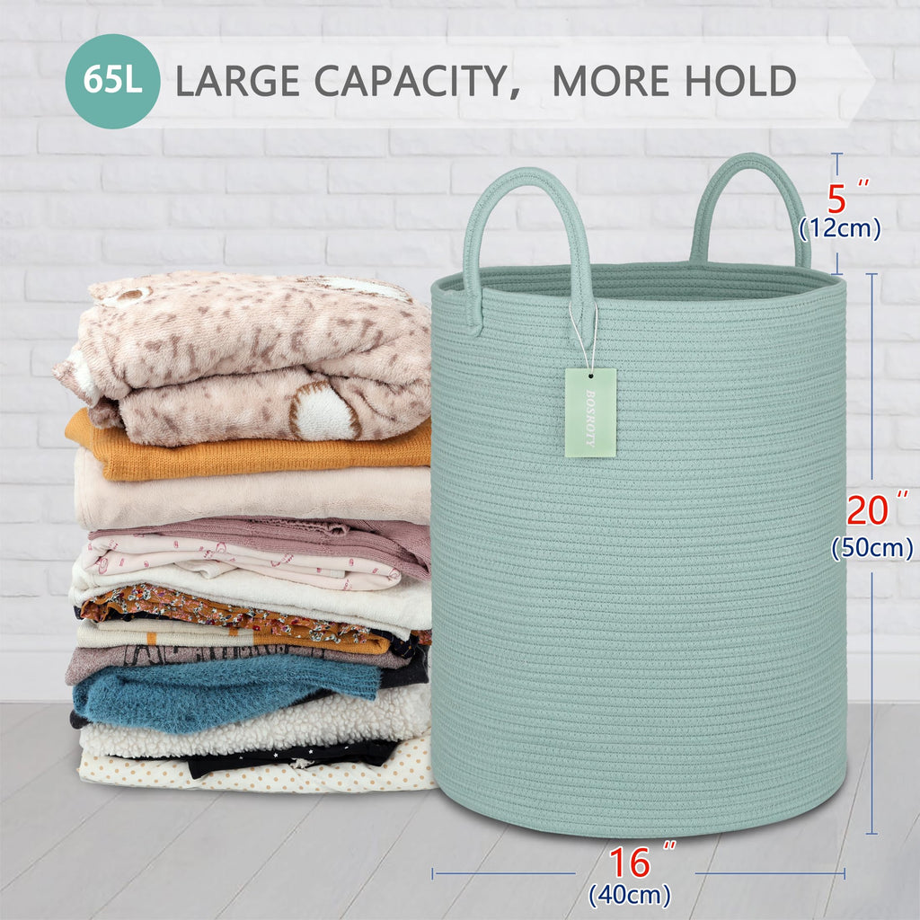 Large Cotton Rope Laundry Hamper for Clothes 65L, Light Green