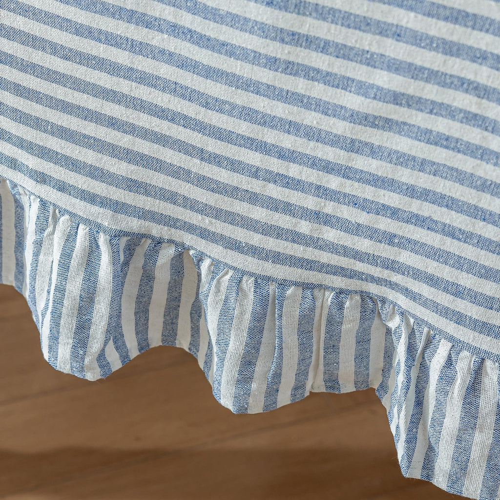 Striped Cotton Blend Tablecloth Ruffled Table Cloth Blue, 60"×120"