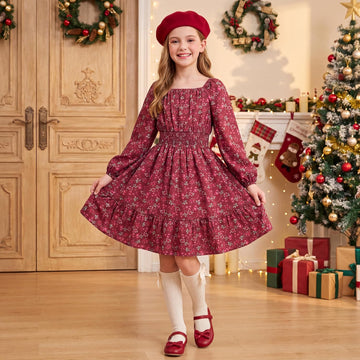 Girls Fall Dress Floral Long Sleeve Midi Smocked Waist Holiday